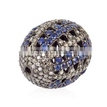 925 Silver Diamond Beads Finding, Pave Diamond Blue Sapphire Beads, Vintage Finding Gemstone Jewelry Wholesaler