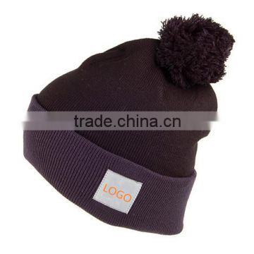 Fashion Folded Up Pom Pom Beanie Custom Patch Winter Beanie Hat