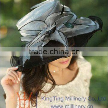 Organza Hat with Large Organza Trim and Feathers for Wedding Party