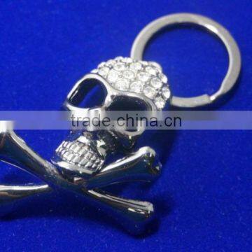 Skull keyring crossed bone shape mirror surface polished rhinestone keychain