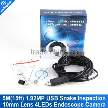 Portable 5m Cable 10mm Lens Waterproof Mini USB Endoscope Inspection Camera Borescope Tube Snake Scope 4 LEDs 1.92mp resolution