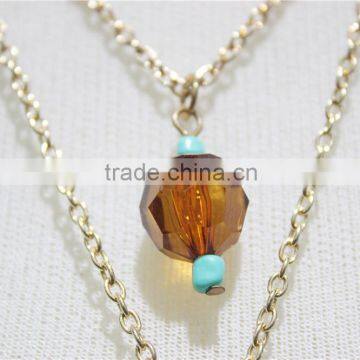 Newest Double Layered Elegant Smoked Topaz Glass w/ Brown Bead & Turquoise Seedbead Pendant Necklace 2016 Fashion Wholesale photo-3