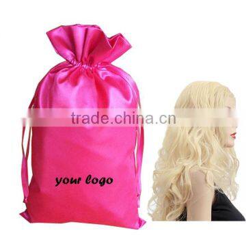 wholesale China luxury drawstring closure satin hair extensions bag with customzied logo printed