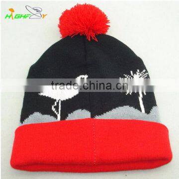 High quality fashion brand jacquard animal logo knit pom beanie hat with top ball