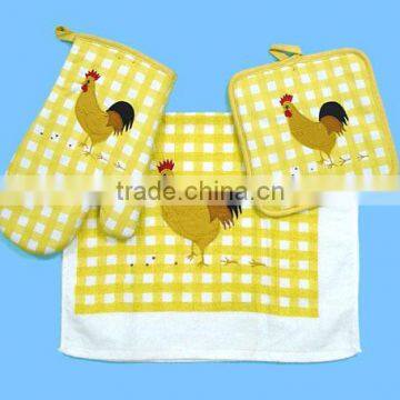 3pc Pigment Printing Towel With Fringe Cheese Holder Set Rooster Design Glove Set photo-2