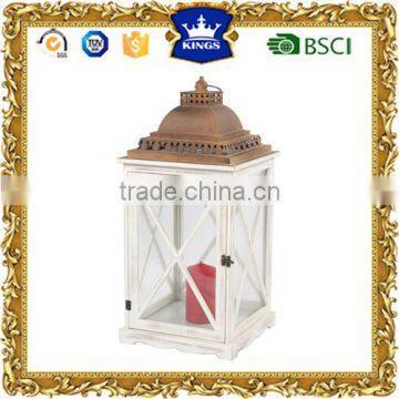 High quality white wooden LED candle lantern with bronzd metal top