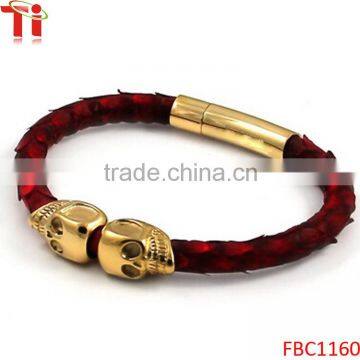Red black genuine python bangle bracelets with gold plated skull
