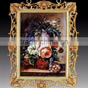 Antique Copper Frame Hand Painted Ceramic Floral Wall Hanging Mural