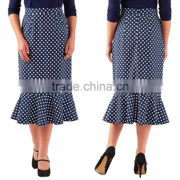 one piece Lady Midi skirt 95% Cotton / 5% Spandex Ruffle Women's Flounce hem polka dot crepe pencil Office skirt