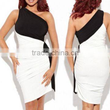 Color Mosaic Shoulder Collar Asymmetric Pleated Sleeveless Slim Package Hip Dress Sub photo-4