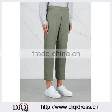 Wholesale Women Apparel Olive Color Cropped Linen Blend Trousers(DQE0344P)