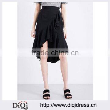 Customized Lady's Apparel Front-wrap Ruffled Wave Structured Waist Asymmetric Hem Twill Skirt(DQM008S)