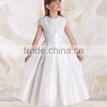 lovely white satin cap sleeve lace dress for wedding baby cloth