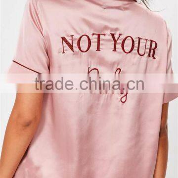 Custom Logo Pink Satin Short Pajama Set With Back Embroideried Button Top With Drawstrings Shorts photo-6