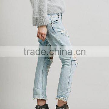 Summer 2016 Women Pants Ladies Casual Blue With Waist-length Ripped Distressed Skinny Jeans Ankle photo-4