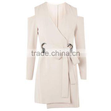 Belted Cold Shoulder Long Sleeve Coat Style Blazer Dress for Women photo-6