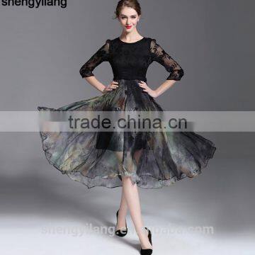 2016 spring summer retro lace silk slim A-line luxury guanzghou dress