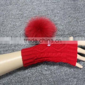 Korean style match color warm fur ball decoration kintted fingerless glove