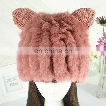 Cute cat ear hat high quality rabbit fur knitted acrylic hat for lady winter