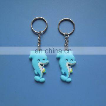 Cute 3D blue color dolphin cartoon design rubber pvc keychain