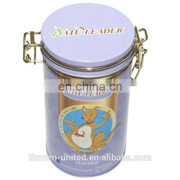 Fashion round tinl canister with metal clip closure