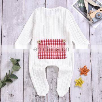 Male and Female Infants and Children Pure Cotton Knitted Pit Strip Lattice Pocket One-piece Romper Romper Wrap Foot