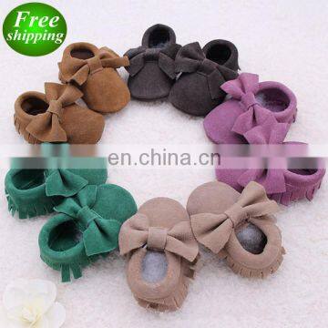 Baby Suede moccasins with bow Toddler soft sole walking shoes