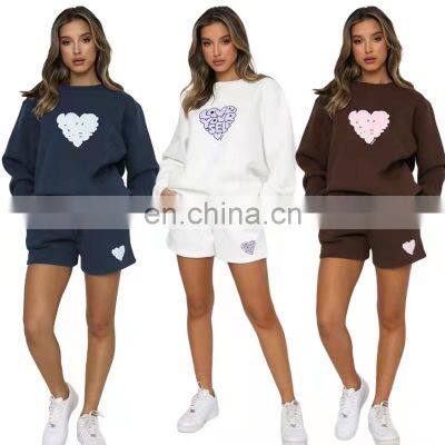 Custom Logo Autumn and Winter Casual Round Neck Women's Clothing Printed Letters Peach Heart Shorts Long-sleeved Sweater Suit photo-2