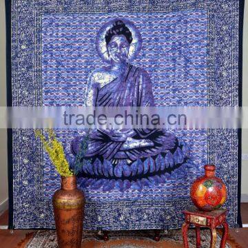 Indian Tapestry Cotton Buddha Print Blue Vintage Wall Hanging Tapestries Throw Maditation Sprituality Print Bedsheet