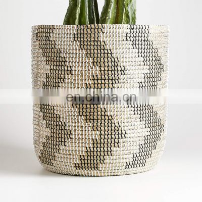 Hot Sale Natural and Black Patterned Basket Multiuse Seagrass Storage Basket Plant Holder Planter Pot Basket With Color String