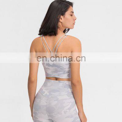 Custom Brand Womens White Camo Brushed Yoga Sports Bra Push Up Elastic Fitness Cross Back Crop Tops