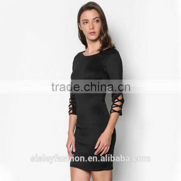 China dress wholesale women black color long sleeve jersey dress cotton dress D328