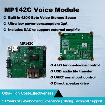Voice Module MP142C 320KB Built-in Space 4 IO TTL or Serial Port Control PWM Directly Drive Speaker or DAC External Power Amplifier MP3 Sound Playback