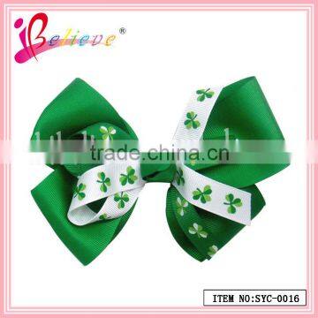 No fade no smell friendly clover grosgrain ribbon girls hair bow clip (SYC-0016)