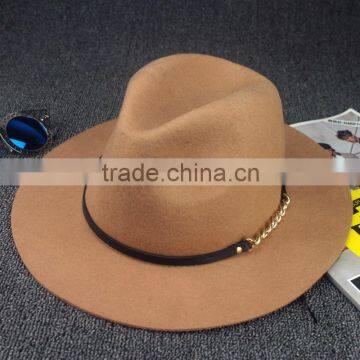 Link Chain Ribbon Decorated Wide Brim Jaz Vintage Wool Felt Man Fedora Hat Quality Choice