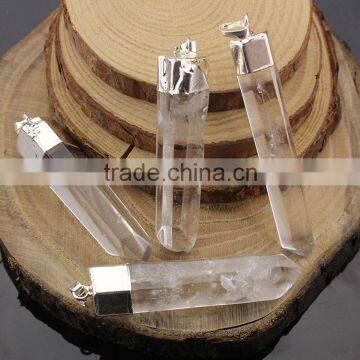 JF6505 Silver plated long crystal quartz point pendant