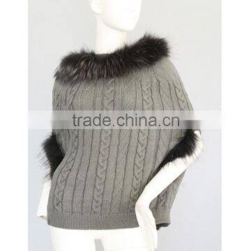 QD80281 2015 New Design Good Quality Sweater Knitted Raccoon Fur Poncho Vest