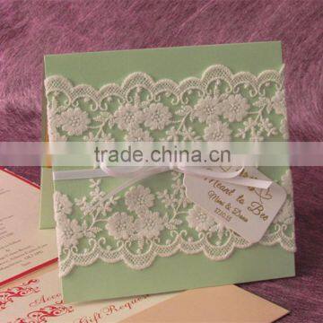 Hot sale elegant & charming green lace wedding invitations with white ribbons