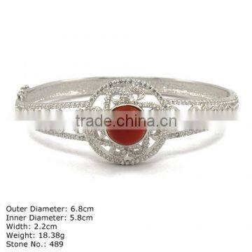 [ CZQ-0079 ] 925 Sterling Silver Bangle with Agate and CZ Stones