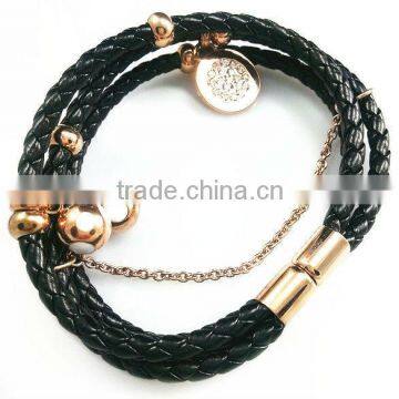 YB265 Fashion black leather bracelets with round stone