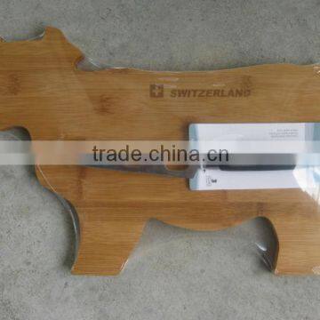 Cow shaped bamboo cheese board with knife