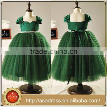 FL1004 Green Short Sleeve Hand-Beaded Crystal Belt Ball Gowns For Little Girls Ankle Length Tulle Tutu Flower Girl Dresses