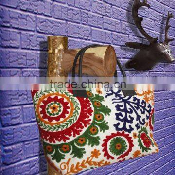 RTHHB-11 New 2015 Latest Canvas Flowers Embroidery Uzbek Suzani semi leather handled tote shopping bags embroidery Manufacturer