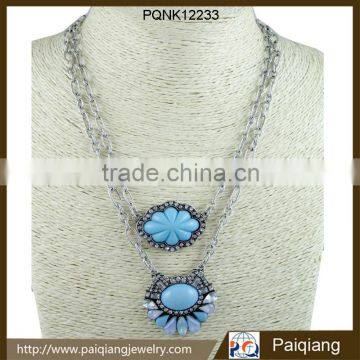 Latest design fashionable silver chains layered stone flower pendant necklace