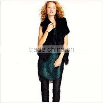 High Quality Women Winter Knitted Rabbit Fur Gilet with Sleeveless and Wide Lapels