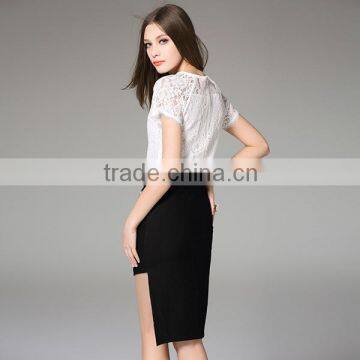 Wholesale 2016 Summer Women Black White Pink Tops Lining Lace Blouses Back Zipper Short Sleeve Slim Fashion Design Lady Blouse photo-5