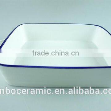 White Blue Line Zakka Style Enamel Ceramic Baking Dish With Handles Rectangular Baking Dish photo-2