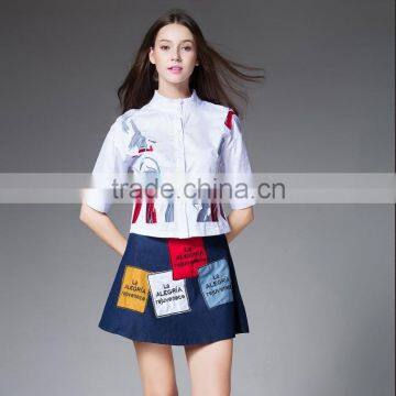 European fashion white embroider women shirt/tops mandarin collar