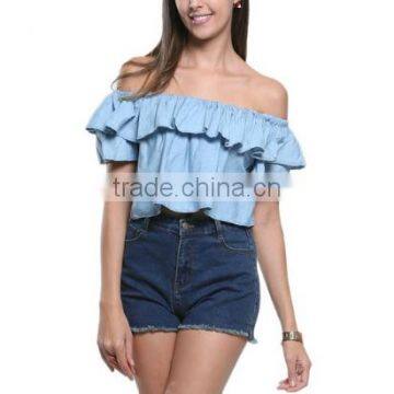 2016 Women Off Shoulder Ruffle Hem Sexy Slash Neck Cute Summer New Fashion Cotton Loose Blouse