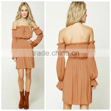 Girls Off The Shoulder Long Sleeve Elastic Waist Satin Short Club Dress